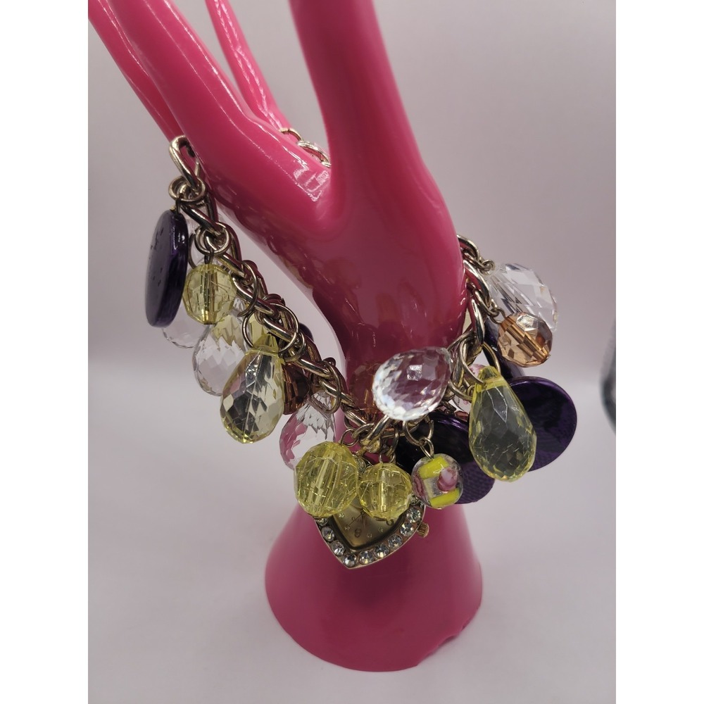 Figaro‎ Quartz Heart Watch Charm Bracelet Purple Yellow Beaded Dangle Fashion